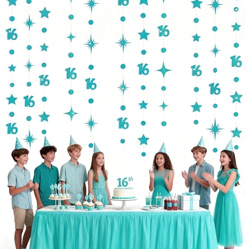 Image of Teal Blue 16th Birthday Decorations Number 16 Circle Dot Star Garland Glitter Streamer Banner Backdrop for Girls Boys Sweet Sixteen Cheers to 16 Years Old Birthday 16th Anniversary Party Supplies