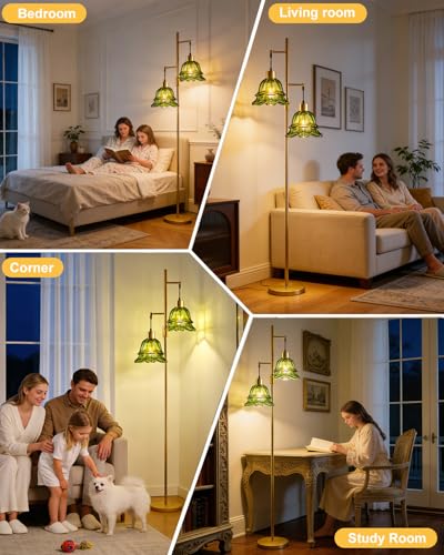 Image of Lightdot Glass Floor Lamp Green Flower 2-Light Dimmable Gold Floor Lamps