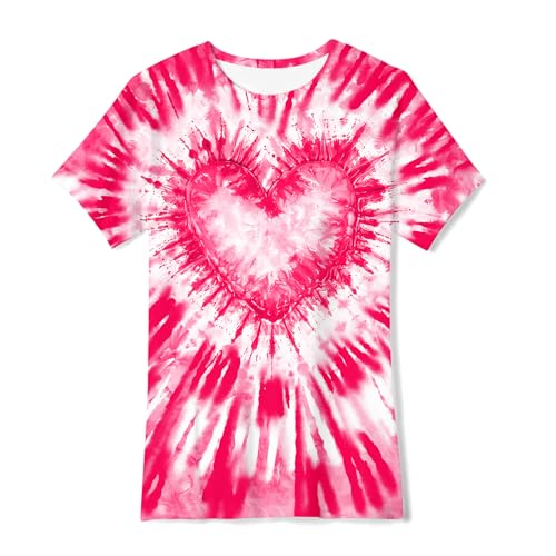 SunFoucs Tie Dye Shirts for Girls Kids Hearts Fashion Girl Fashion Short Sleeve Pink Hippies Tees Size 7-8