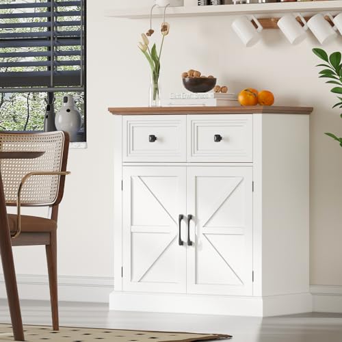 Vabches Farmhouse Buffet Sideboard with Drawers, Wood Pantry Cabinet with Storage, Rustic Storage Cabinet with Adjutable Shelf and Barn Door for Kitchen, Dining Room, Living Room, White