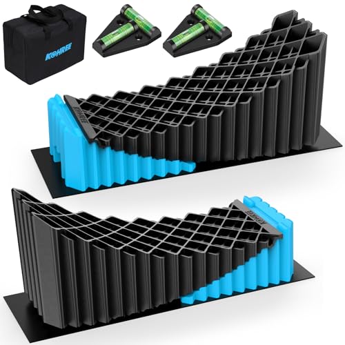 Image of Kohree RV Leveling Blocks, Levels Up to 5 inch, Supports Up to 50,000 lbs | 2 Curved Camper Levelers, 2 Wheel Chocks, 2 Rubber Mats, 1 Carry Bag, for Travel Trailers & Fifth Wheels, Blue