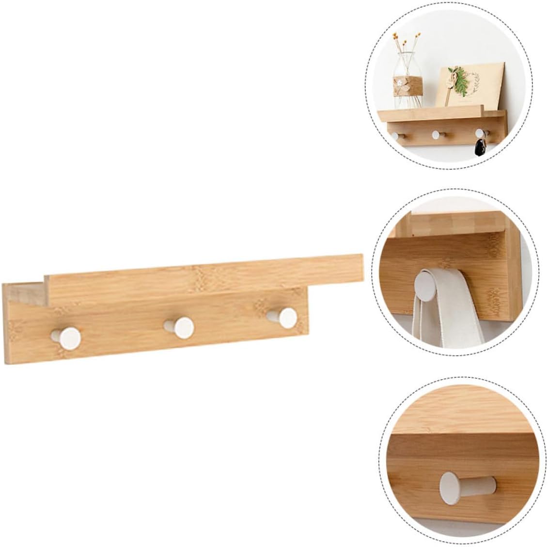 PRETYZOOM 1set Multifunctional Bamboo Wall-Mounted Storage Rack Creative Floating Holder for Keys Books Ornaments Elegant Decorative Shelf Hooks for Entryway Kitchen Living Room