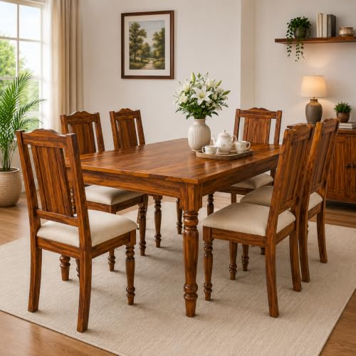 Image of 6 Seater Wooden Dining Table Set | Table Size 63 x 33 x 29 Inches | Chair Size 18 x 18 x 39 Inches | Dining Room Furniture Set with 6 Chairs | Sturdy Wooden Construction (Teak Finish)