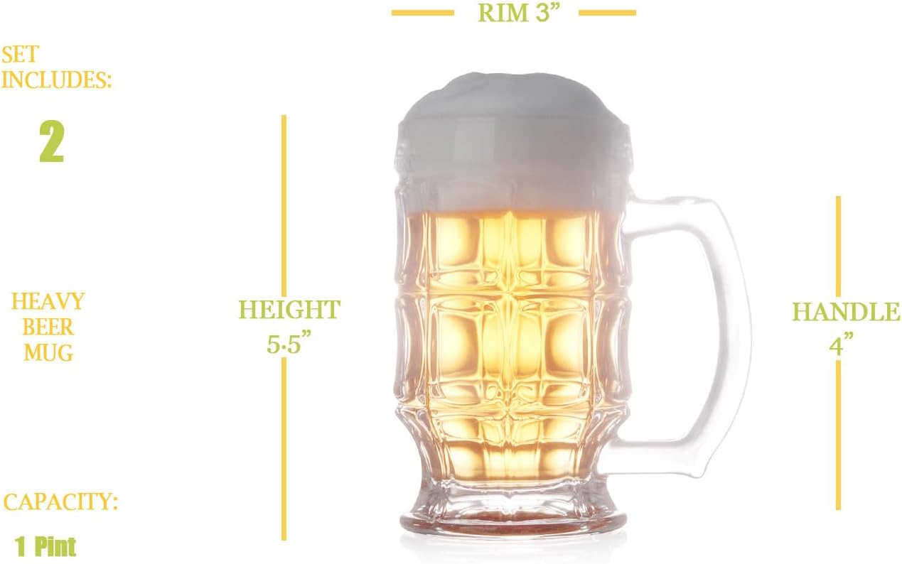 1 Pint Glass Dimple Stein Beer Mugs with Large Handle, Thick Cup Set of 2