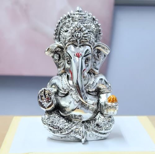 Image of ARNAVIRA 999 Silver Plated Antique Vastu Kamdhenu Cow with Calf Idol with Lakshmi Remedy for Wedding & Housewarming Gift | Pooja Room Height 2.5 Inch (999 Silver, Medium, Lord Ganesha)