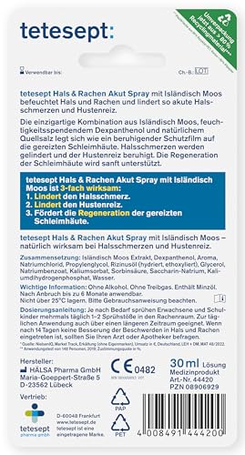 tetesept Hals & Rachen Spray – Spray mit Isländisch Moos und Dexpanthenol - zur Befeuchtung & Linderung bei Halsschmerzen, Husten und Heiserkeit – 1 x 30 ml