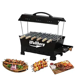Wellberg 2-in-1 Electric and Charcoal Barbecue Grill, 1200W Stainless Steel Heating Element, 13-Inch Size, Includes Skewers and Tongs, Portable Grill for Home and Outdoor Cooking (Black)