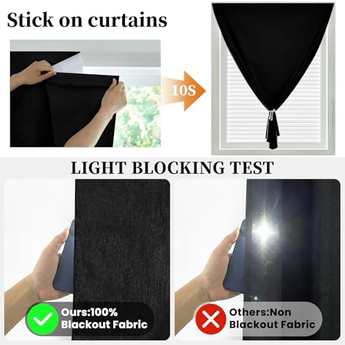 Image of 100% Blackout Magic Tape Stick On Curtains Window Shades Pull Down Blackout Window Cover No Drillng Self Adhesive Curtains No Rod Small Windows, W35 x L60 inch, 1 Panel, Black