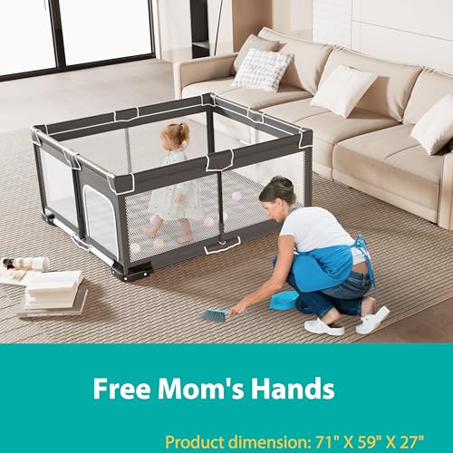 Foldable Playpen for Babies and Toddlers, 59x71 Inches Portable Playpen, Kids Collapsible Play Pen with 2 Handlers, Indoor & Outdoor Baby Fence Play Area with Visible Mesh, Dark Gray