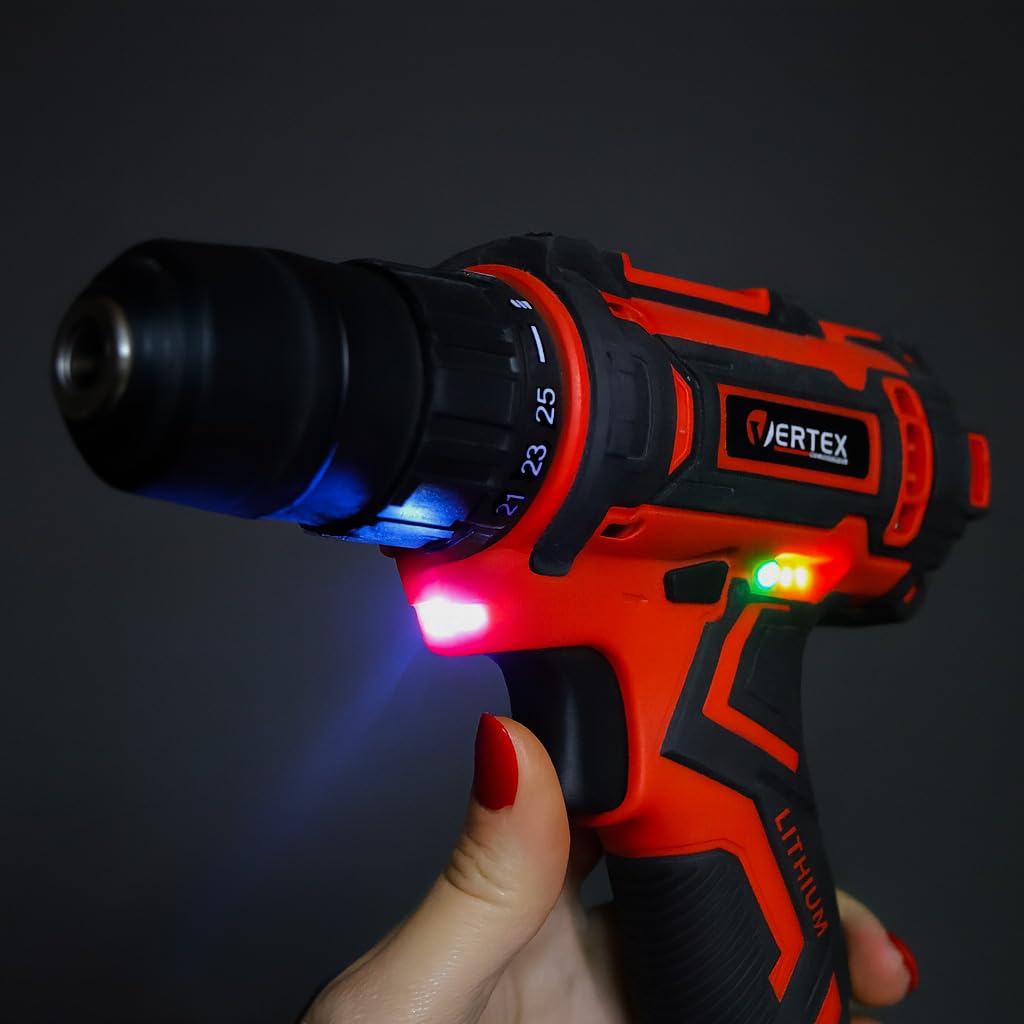 Vertex Wiertarko-wkrętarka Akumulatorowa 21V, 2 Akumulatory Li-Ion 1.7Ah + Ładowarka, 32Nm, z Walizką i 30 Akcesoriami, Model VWK21LI-2, Podświetlenie LED, Z Poziomem Naładowania Baterii