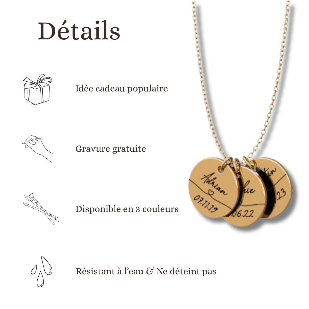Collier personnalisé avec gravure | Plaque avec nom et dates de naissance des enfants | Cadeau maman | Or, argent, or rose | Acier inoxydable étanche | Fabriqué en Allemagne