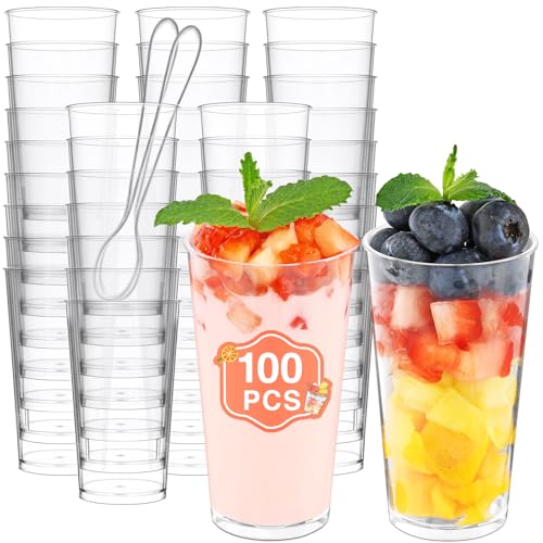 Eupako 3 oz Plastic Dessert Shooter Cups with Spoons - 100 Pack Mini Clear Round Appetizer Cup Shot Glasses Small Dessert Cups for Jello Shots Parfait Puddings Mousse Parfait