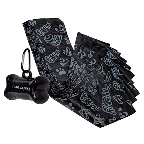 Paws & Pals 1000 Black Pet Dog Waste Bags for Poop Removal Disposal Heavy Duty with Walk Leash Bone Dispenser and Leash Clip, Disposal, Black