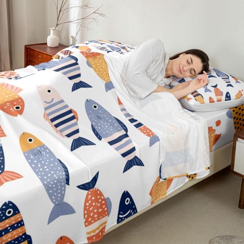 Image of jejeloiu Fish Bed Sheets Set Twin Size Ocean Sea Animal Bed Set for Kids Boys Girls Marine Theme Deep Pocket Fitted Sheet Marine Theme Breathable Soft Lightweight Microfiber