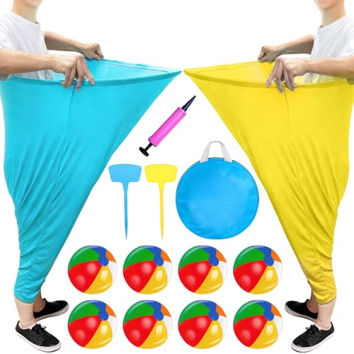 Granny Pants Yard Game Oversized Blue & Yellow Pants with 8 Colorful Bouncy Balls 2 Stakes 1 Storage Bag and 1 Air Pump Outdoor Tossing Games for Adults Family Carnival Party Reunion Gathering