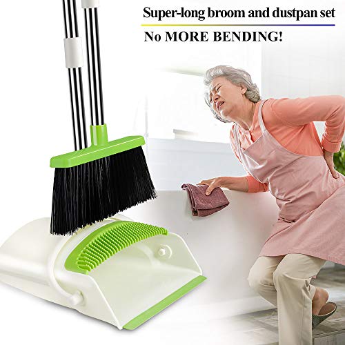 Image of Rubber Extendable Broom&Dustpan Set,Durable&Foldable Lobby Broom&Upright Dust Pan Combo With Long Handle,Ideal For Kitchen,Home&Indoor Use By Kelamayi (Yellow&Green),Hard Floor