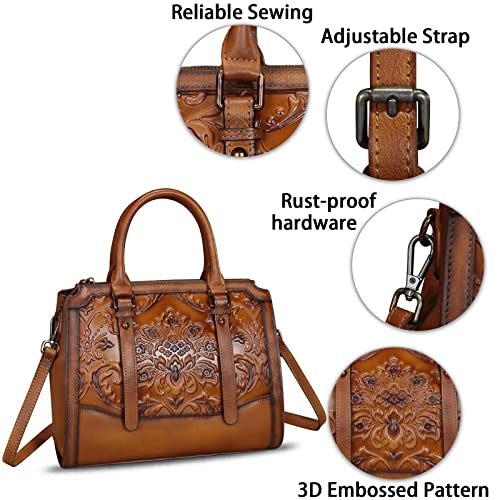 Image of Genuine Leather Satchel for Women Embossed Leather Top Handle Bags Handmade Purse Vintage Crossbody Handbags Hobo Bag