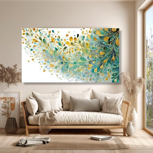 Décoration intérieure tableau abstrait motif plumes bleu vert