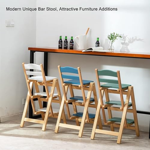 Tabouret en bois massif bleu pliable et multifonction à triple marche - 2