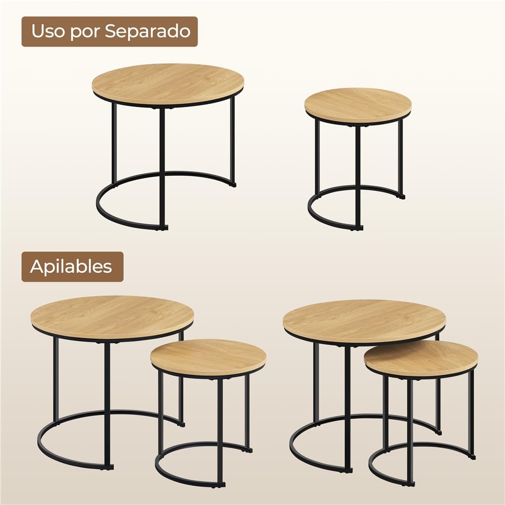 Yaheetech Juego de 2 Mesa de Centro Redonda Anidable con Patas de Metal Set 2 Mesa de Centro Nido Maderna de Café Rustica para Salón Mesa Auxiliar 60x60x50,5cm Roble Claro