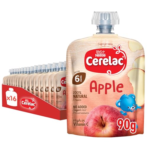 Cerelac Apple, 100% Natural Fruits, No Added Sugar, From 6 Months, Puree Pouch 90g (16 Pouches)