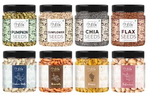 Lila Dry Fruits Superseeds and DryFruits Combo (100 Gms x 8) Jar pack | Chia Flax Pumpkin Sunflower Seed + Cashew Almond Pista Raisin | Rich in Protiens Minerals Perfect for Gifting Lila Dry Fruits Superseeds and DryFruits Combo (100 Gms x 8) Jar pack | Chia Flax Pumpkin Sunflower Seed + Cashew Almond Pista Raisin | Rich in Protiens Minerals Perfect for Gifting