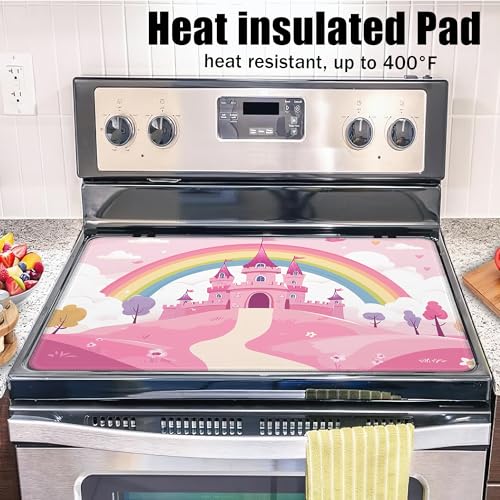 Image of Pink Princess Castle Glass Top Stove Cover Protector,Rainbow Heat Resistant Stove Top Cover, Large Size Range Covers for Electric Stove Countertop Mat, 28 x 20 Inch