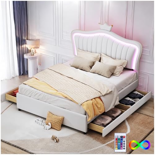 Sapgaks Lit Enfant avec 4 tiroirs de Rangement et Lampes LED,Lit rembourré 140 x 200 cm, Cadre de...