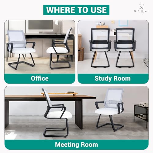 Naomi Home Geneva Guest Reception Chairs, Set of 2 – Ergonomic Mesh Back, Sled Base, Cushioned Seat, Floor-Friendly Quiet Glide, Fixed Armrests – White Modern Office Visitor Seating