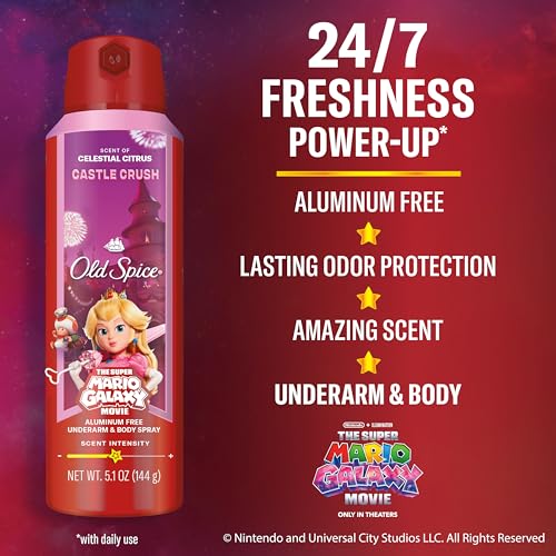 Image of Old Spice Aluminum Free Body Spray for Men, Old Spice x The Super Mario Galaxy Movie, 24 /7 Lasting Freshness, Lasting Odor Protection, Smell Super with Castle Crush, Celestial Citrus Scent, 5.1 oz