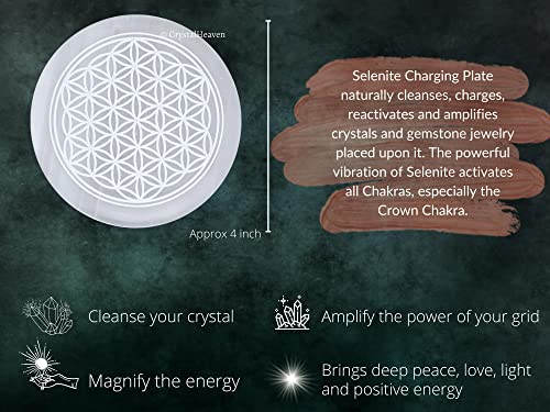Image of Certified Selenite Crystal Charging Plate, 4 Inch Engraved Flower of Life Selenite Plate for Crystal Cleansing Re-Energy Work, Meditation and Pooja - Flower of Life