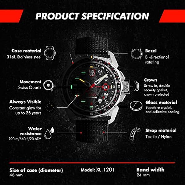 Luminox ICE-SAR Arctic XL.1201 herrklocka 46 mm – dykklocka i silver/svart datumfunktion 200 m vattentåligt safirglas, Svart, 39 mm, armband