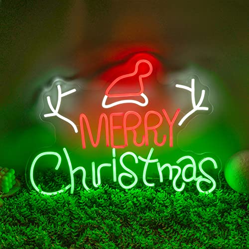 Image of Neon Sign Merry Christmas Tree Neon Lights for Wall Decor LED Neon Light Signs LED Sign for Christmas Party Home Balcony Hanging Art Living Room 23.62x17.32 IN (with Tree Branch and Hat)