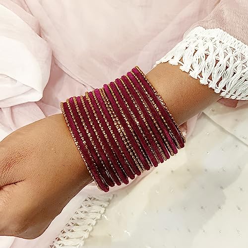 Efulgenz Indian Bangle Set Plain Velvet Bangles with Oxidized Metal Ball Bangle Bracelet Boho Bohemian Bracelet Metal Bangle Set Statement Fashion Jewelry for Women (26 Pcs)4