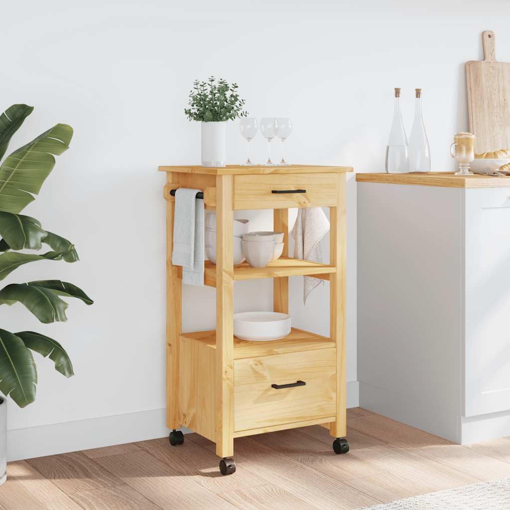 Kitchen Trolley Monza Solid Pine Wood 18.9"x15.7"x34.8" Rolling Kitchen Cart with Wheels Storage Drawers and Hooks Durable Kitchen Utility Cart for Food and Dining Use