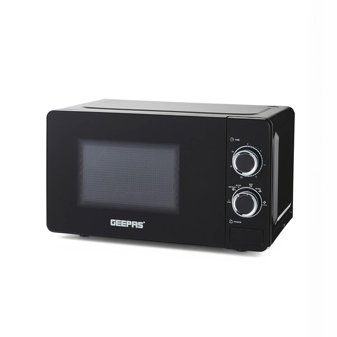 GEEPAS 700W Manual Solo Microwave Oven, 20L| Electric Oven with Auto Defrost Speedy Reheat | 5 Power Levels 2 Rotary Dials 30 Min Timer Easy Clean Standard Size of Dinner Plate | 2 Year Warranty Black [Energy Class A+]