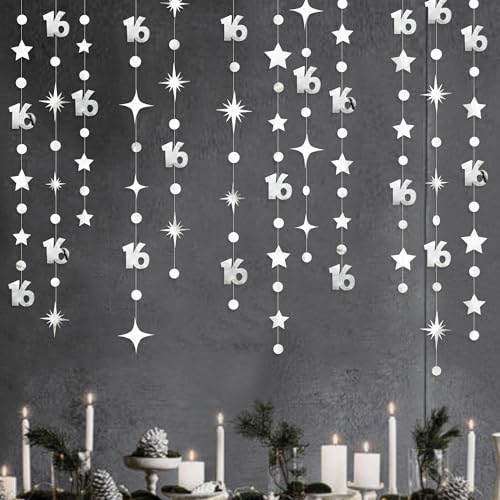 Image of Silver 16th Birthday Decorations Number 16 Circle Dot Twinkle Star Garland Metallic Banner Backdrop for Girls Boys Happy 16th Birthday Sweet Sixteen 16th Anniversary Cheers to 16 Years Party Decor