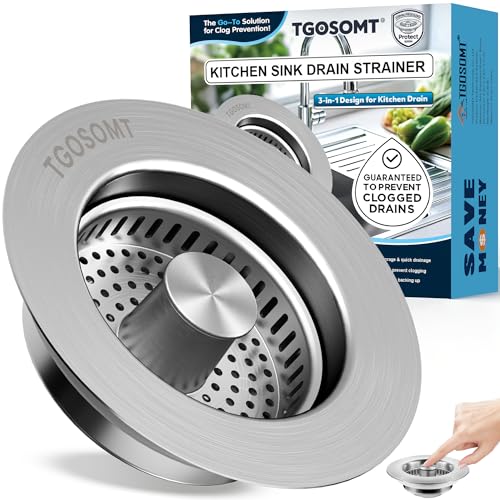 Sink Drain Strainer 3 in 1, 304 Stainless Steel Pop Up Kitchen Sink Stopper with Anti-Clogging Basket, Kitchen Essential Drain Anti-Clog Gadgets, Fits US Standard 3-1/2'' Sink Drain (SUS 304 Brushed)