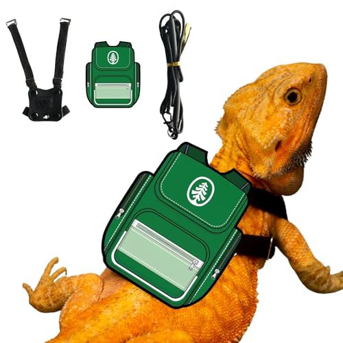 Bearded Dragon Harness Leash Soft Leather Harness with Backpack Patch Adjustable Strap Outside Walk Training Leash for Reptile Lizard Amphibians (Green)