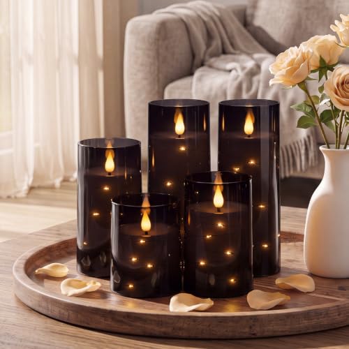 Image of Homemory Halloween Flameless Candles, Black LED Pillar Candles with Remote | Acrylic Flickering Battery Operated Candles with Timer and Embedded Star String Lights for Centerpiece Indoor Holiday Decor