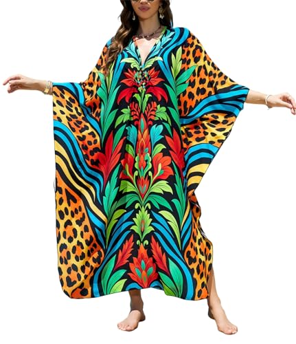 Image of IMAGEKOPE Women's Plus Size Animal Print V-Neck Batwing Kaftan Beach Dress Bathing Suit Cover-Up Loungewear