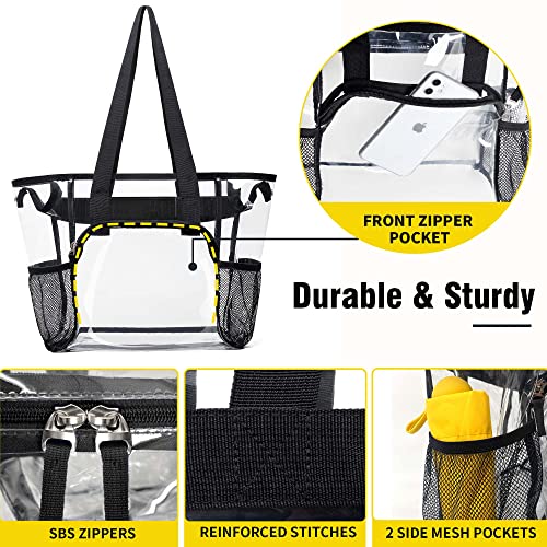 Vorspack Clear Tote Bag - Large Clear Bag Stadium Approved 12X12X6 Clear Tote For Concerts Sporting Events Clear Lunch Bag For Work With 2 Water Pockets Clear Beach Bag For Women - Black #TOP2