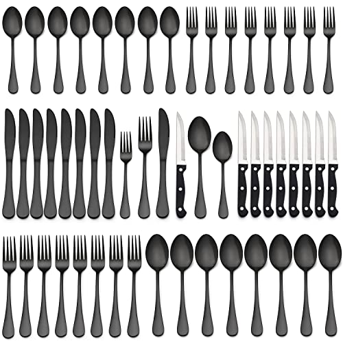 LIANYU 48-Piece Black Silverware Set with Steak Knives, Stainless Steel Flatware Cutlery Set for 8, Modern Eating Utensils Tableware, Mirror Finish, Dishwasher Safe