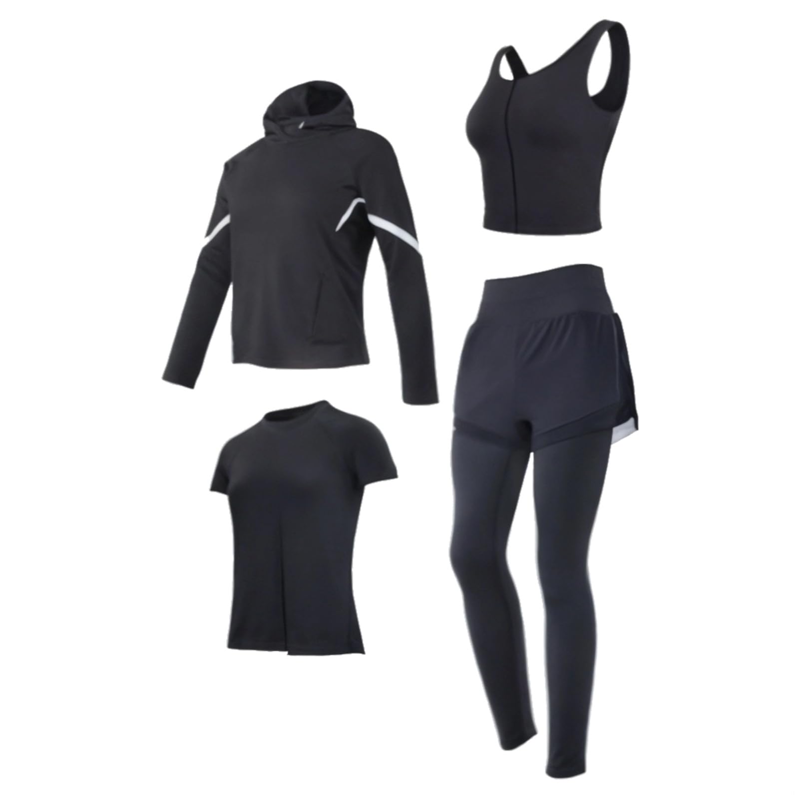 Set da donna per pilates e yoga, 4 pezzi Activewear con giacca, reggiseno top, pantaloncini e pantaloni, nero XL, adatto per 15,7 cm a 15,7 cm, 110-330