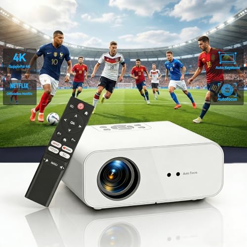 Smart Beamer 4K【Offiziell lizenzierte App】 Autofokus & Auto Keystone Mini Projektor,WiFi6 Bluetooth5.2 Video Projektor, 28000 Lumen Full HD 1080P Beamer 4K Heimkino