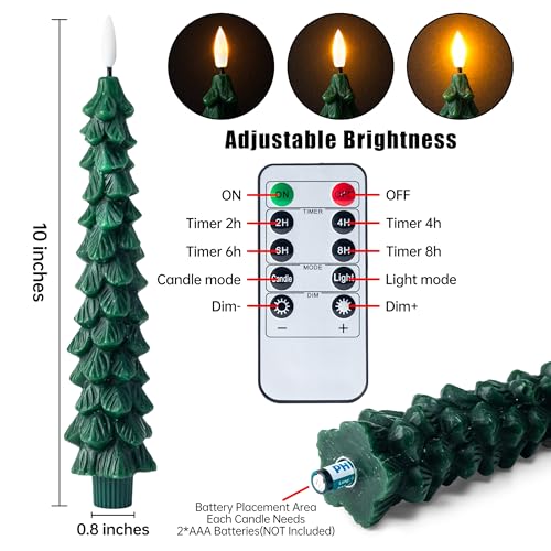 Image of 3 Flame Free Cone Candles with Remote Control, Real Wax LED Battery Powered Candle Warm 3D Wick New Year Decoration (Green, 0.8 X 10 inches)