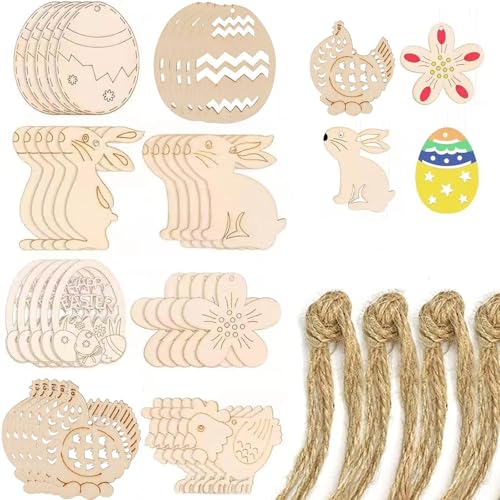 JISRKP 40 Pcs Easter Crafts Wooden Eggs for Hanging Decoration, DIY Craft for Kids, Easter Party Supplies, Home Wall Door Decor