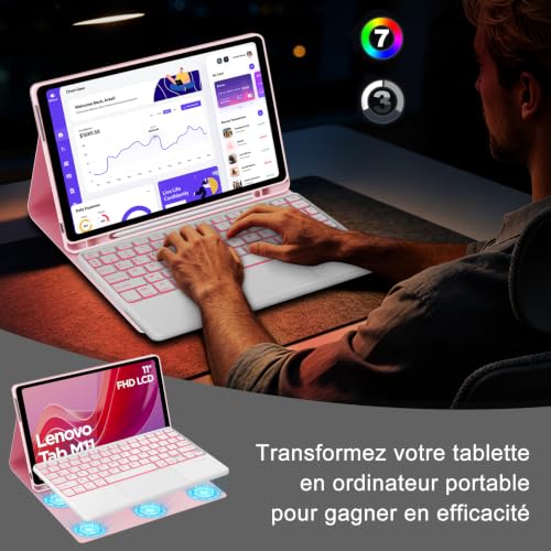 Teclado para Lenovo Tab M11 con panel táctil y funda retroiluminada rosa 4
