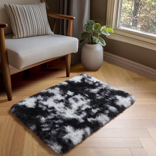 Amdrebio Black White Grey 2x3 Small Area Rugs for Bedroom Living Room Decor, Mini Fluffy Shag Modern Cool Rug for Kids Room Dorm Home Office, Shaggy Throw Furry Plush Floor Carpet for Teen Boys Men