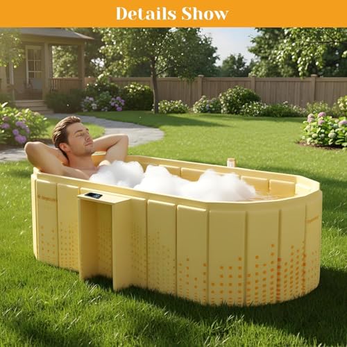 Image of Portable Foldable Adult Bathtub for Home, Large Plastic Soaking Tub with Drain Pipe, Freestanding Spa Bath Tub for Hot & Cold Bath, Balcony & Small Bathroom Use (Golden Glow Bathtub)